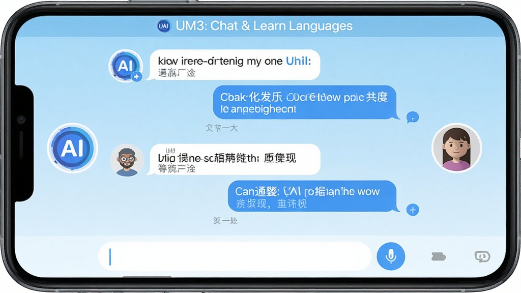 һ��չʾUM3: Chat & Learn Languages�������Ľ�����ֻ���Ļ��ͼ����������������Ի��������AIͷ���Ҳ����û�ͷ�񣬶Ի������������Ӣ�ĺ����ķ��룬������ǳ��ɫ���䣬��������������