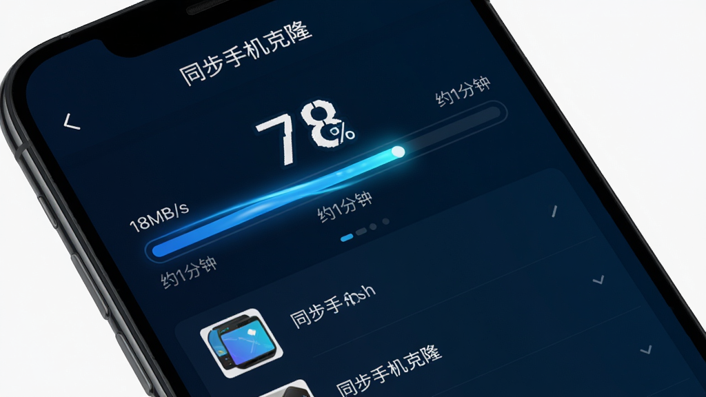 �ֻ���Ļ��ʾ��ͬ���ֻ���¡��������Ƚ��棬��������ʾ78%���Ϸ��д����ٶȡ�18MB/s����ʣ��ʱ�䡰Լ1���ӡ����·���ʾ���ڴ�����ļ�����ͼ�б�������Ϊ��ɫ�Ƽ���������������������Ч����񶯸��ִ����������½ṹ��ϸ���������������������ʸɾ��޶���Ԫ��