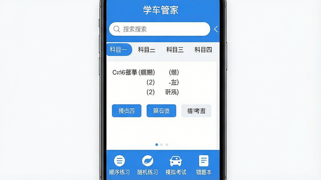 �ֻ���Ļ������ʾ��ѧ���ܼҡ�APP�����棬������������Ϳ�Ŀһ����Ŀ�ĵı�ǩ�л������м�����չʾһ���ݿ�ѡ���������ѡ�ť���ײ��ǡ�˳����ϰ���������ϰ����ģ�⿼�ԡ������Ȿ���ĸ�����ͼ�꣬���岼��Ϊ�����ֻ����棬������ƽ����ɫ�Ͱ�ɫΪ��ɫ�����������������ʸɾ����޶���װ��Ԫ��