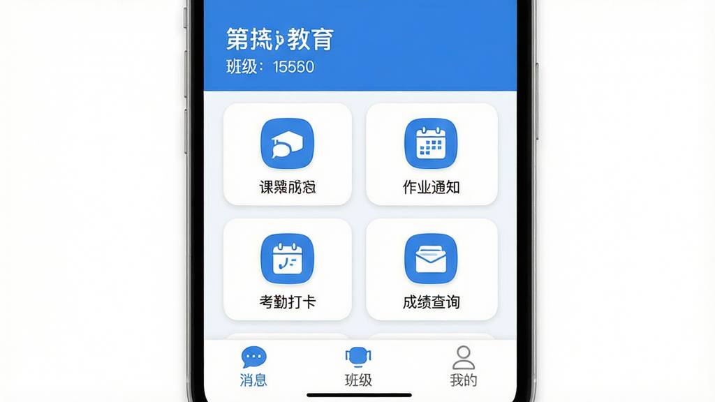 ��һ���� �ֻ�Ӧ�������棬������ʾѧУ���ƺͰ༶��Ϣ���м俨Ƭʽ������ҵ֪ͨ���γ̱������ڴ򿨡��ɼ���ѯ�ĸ�����ͼ�꣬�ײ�������Ϊ��Ϣ���༶���ҵ�����ѡ�������ɫ������ɾ����࣬��ƽ����Ʒ��Բ��ͼ�꣬���������޶���Ԫ��