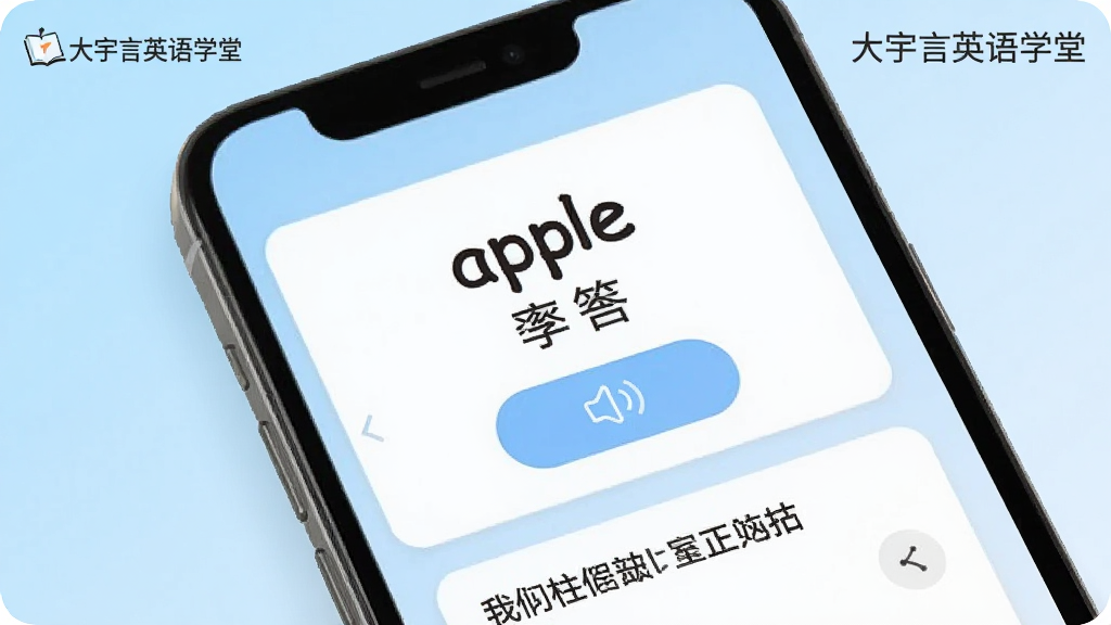 һ��չʾ����ѧϰ�����ͼƬ���������ֻ���Ļ��ʾ���ʿ�Ƭ����Ƭ����Ӣ�ĵ��ʡ�apple���Ͷ�Ӧ���������壬�·��з�����ť������չʾ��������ǳ��ɫ���䣬��������С�������Ӣ��ѧ�á��ı�ʶ����������£����ʸɾ����޶���Ԫ�ء�