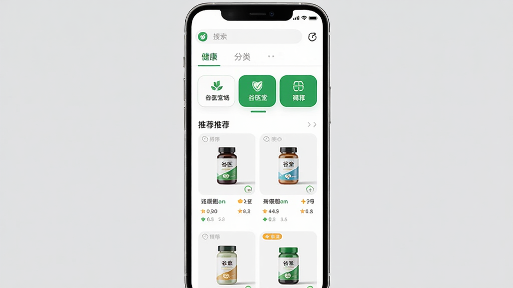 ��ҽ���̳�App�������չʾ���ֻ���Ļ���У���Ļ����ʾ������Ʒ���ർ�����Ƽ���Ʒ�ٲ��������ּ����������������������Ʒ��Logo����ɫ��Ϊ��ɫ����ɫ������ִ���ƽ��ϸ��Բ�󣬻��ʸɾ����޶���Ԫ��