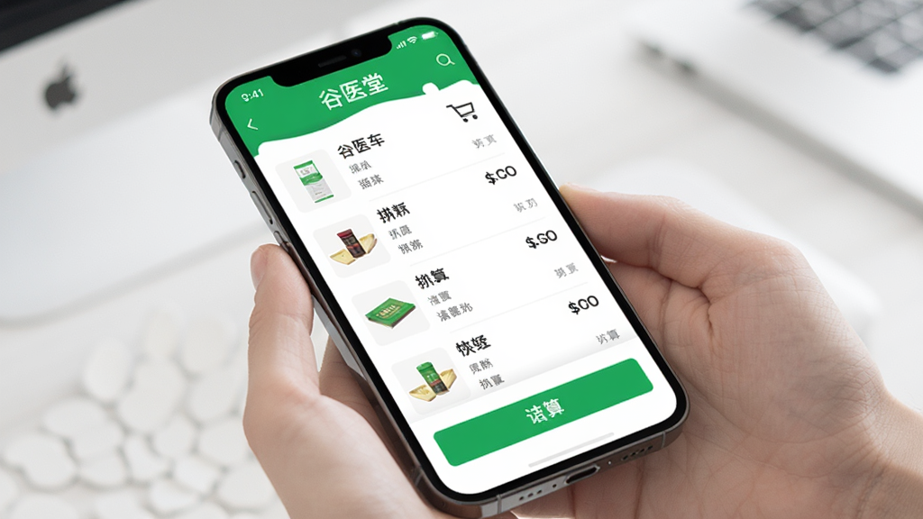 ��ҽ���̳�App���ﳵ�����ҳ�棬�ֻ���Ļչʾ��Ʒ�嵥�ͽ��㰴ť��������������ɫ��Ϊ��ɫ����ɫ������Լ�����ʸɾ����޶���Ԫ��