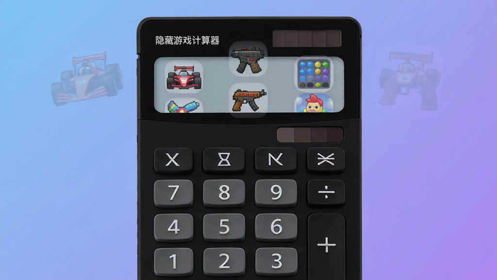 一张展示“隐藏游戏计算器”核心全貌的图片,画面中央是一个风格简约的黑色计算器界面,数字按键清晰可见,但计算器屏幕上方隐约浮现出几个半透明的游戏图标,如赛车、射击、消除类游戏,背景是柔和的蓝紫色渐变,整体布局简洁,风格科技感十足,细节上按键带有微微的立体感,画质干净清晰,无多余元素。