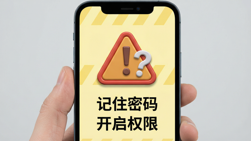 一张展示“隐藏游戏计算器”操作注意事项的图片,画面是一个手机屏幕,屏幕上显示一个带有感叹号和问号的警告图标,图标下方有文字“记住密码”和“开启权限”,背景是浅黄色警示条纹,风格简洁醒目,细节上图标有立体感,文字清晰,画质干净,无多余元素。