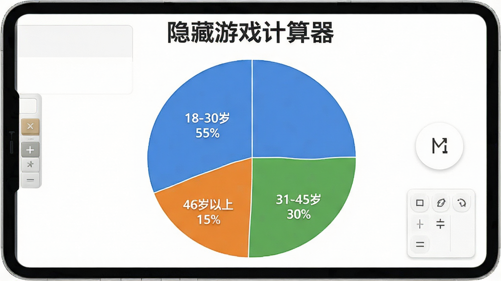 一张展示“隐藏游戏计算器”用户年龄分布的饼状图,画面中央是一个饼状图,分为三个扇区,分别标注“18-30岁 55%”、“31-45岁 30%”、“46岁以上 15%”,饼图颜色分别为蓝色、绿色、橙色,背景是白色,风格简洁明了,细节上百分比数字清晰,扇区边界分明,画质干净,无多余元素。