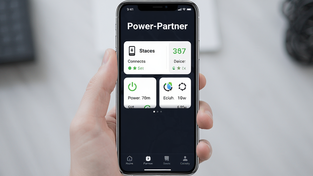 һ��չʾPower-PartnerӦ����������ֻ���ͼ��������������ɫ������App���棬������ʾ��Power-Partner����ɫ�������֣��м������������豸����״̬��Ƭ�͵�Դ����ͼ�꣬�ײ����ĸ����ĵ�����ǩ���������ִ��Ƽ��У����ʸɾ��������޶���Ԫ��