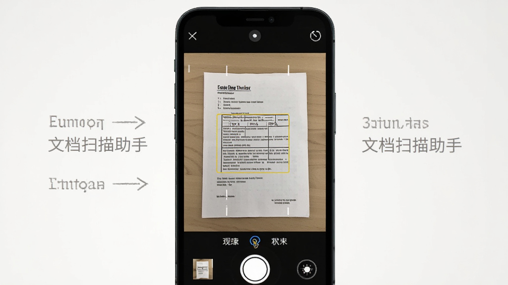 一张展示“文档扫描助手”扫描操作步骤的示意图,画面中手机屏幕显示相机取景框,框内是纸质文档,屏幕下方有拍摄按钮和滤镜选项,界面简洁,风格教学向,画质清晰,无多余元素