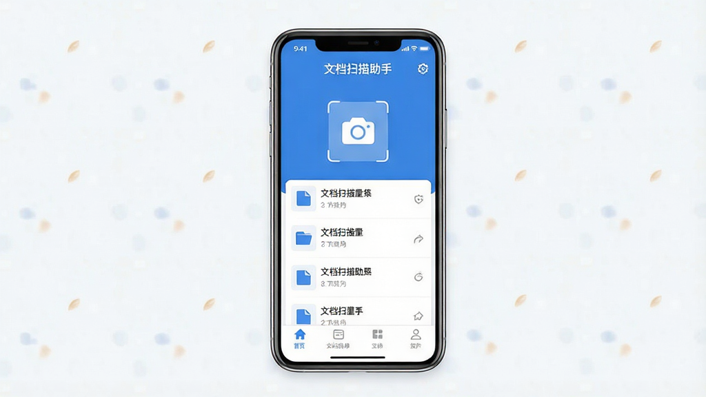 一张展示“文档扫描助手”App整体界面的图片,画面中央是手机屏幕,屏幕内显示App主界面,顶部有“文档扫描助手”文字,中间是相机扫描按钮和文件列表,底部为功能选项卡,布局清晰,风格现代简约,蓝白配色,画质干净,无多余元素