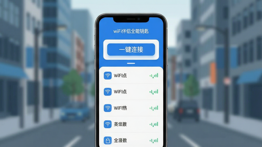һ��չʾ�ֻ���Ļ��ͼƬ����Ļ�����ǡ�wifi����ȫ��Կ�ס���APP�����棬������Ƽ�࣬����ɫ�Ͱ�ɫΪ��ɫ����������ʾ��һ�����ӡ���ť���·��б�չʾ�Ŷ�������ź�ǿ�ȵ�WiFi�ȵ����ƣ�������ģ���ĳ��н־�������ִ���ƽ�������ʸɾ��������޶���Ԫ��
