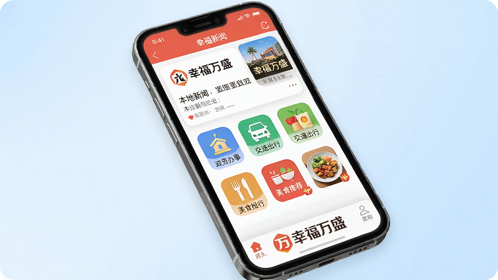 一张展示“幸福万盛”App核心界面的手机模型图,手机屏幕亮起,显示首页包含本地新闻资讯卡片、生活服务图标网格(如政务办事、交通出行、美食推荐),底部有醒目的“幸福万盛”Logo,背景是简洁的淡蓝色渐变,风格现代扁平,细节清晰,画质干净,无多余元素