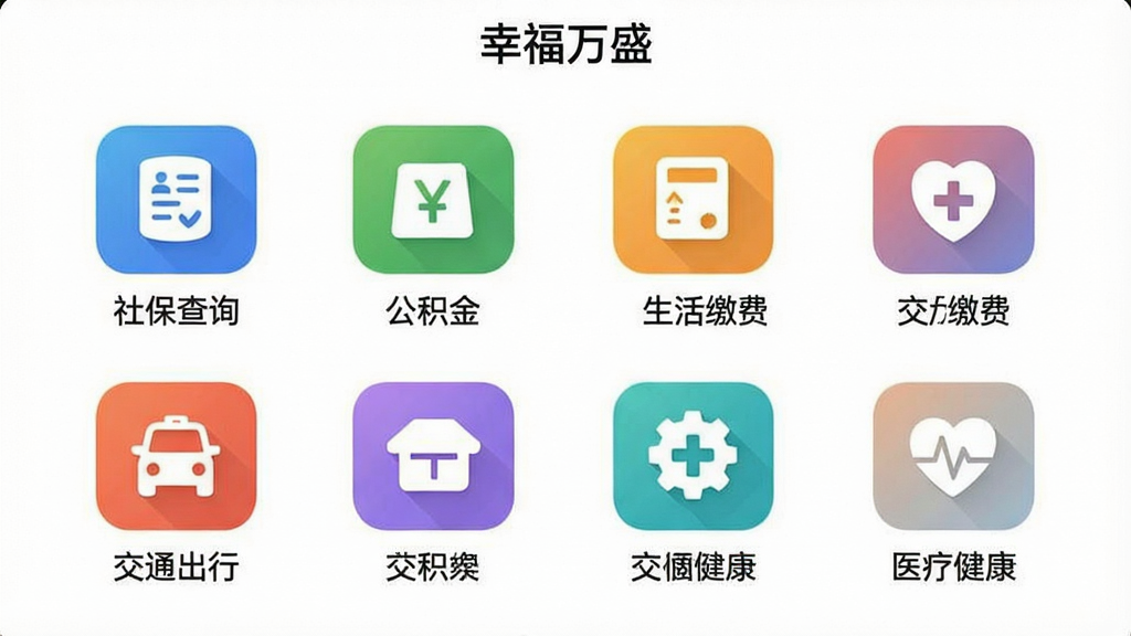 一张“幸福万盛”App的生活服务功能界面截图,展示服务大厅页面,页面中整齐排列着“社保查询”、“公积金”、“生活缴费”、“交通出行”、“医疗健康”等彩色图标,每个图标下方有清晰的中文标注,界面布局简洁明了,背景为白色,风格清爽,画质细腻,无杂乱元素
