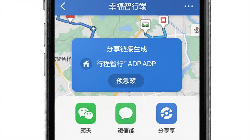 “幸福智行端”APP行程分享界面,手机屏幕显示分享链接生成弹窗,下方有微信、短信等分享渠道图标,背景是地图路线缩略图,界面风格安全稳重,蓝色为主色调,画质清晰,无杂乱元素