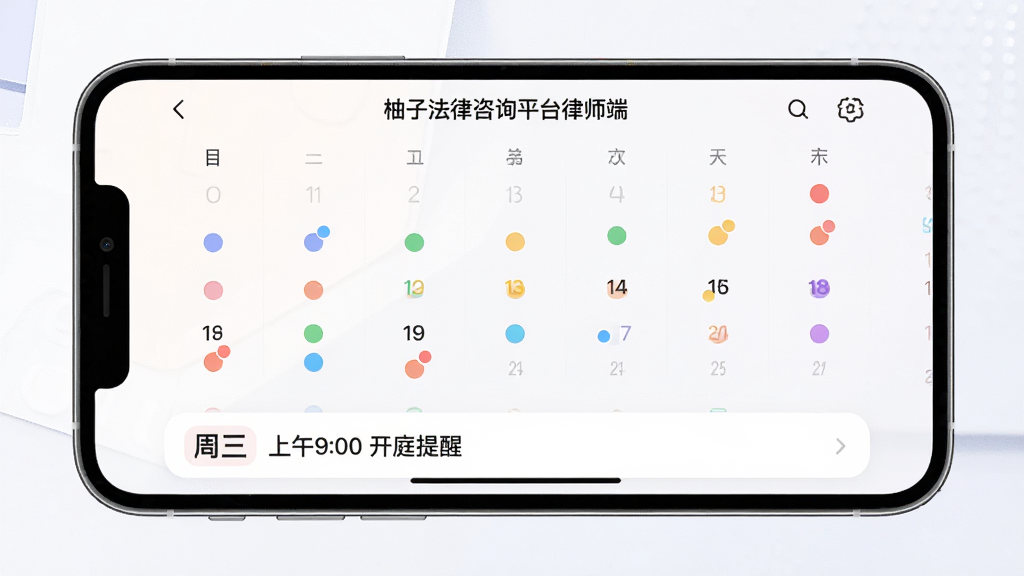 手机横屏展示“柚子法律咨询平台律师端”的日程管理界面,月历视图上标注了多个彩色圆点代表不同案件的重要日期,下方列表显示“周三 上午9:00 开庭提醒”字样,界面配色柔和,卡片圆角设计,画质清晰干净,无多余元素