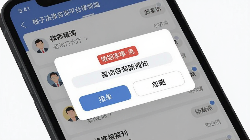 手机界面展示“柚子法律咨询平台律师端”的咨询抢单大厅,屏幕中央弹出新咨询通知卡片,上方显示“婚姻家事急”标签,下方有接单和忽略两个按钮,背景是律师端App的案件列表页,手机边框为深色,整体风格现代扁平,画质干净无多余元素
