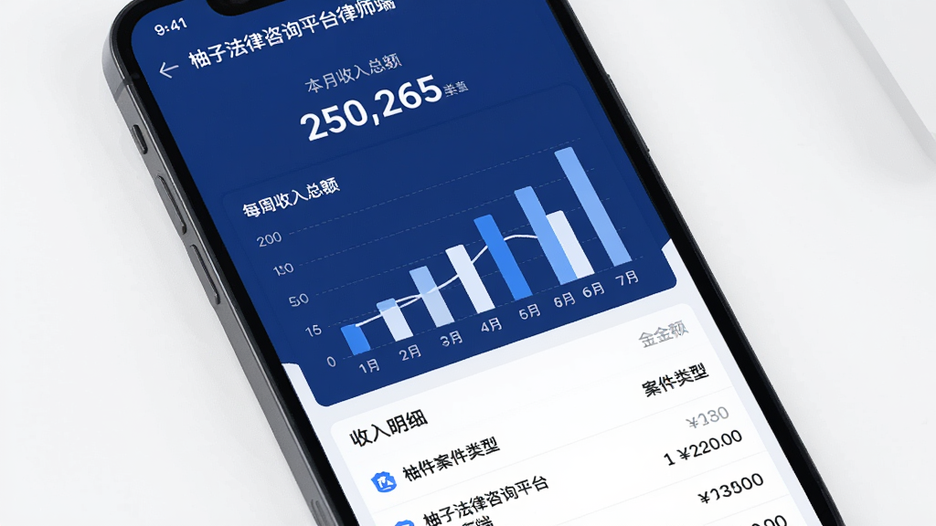 手机屏幕展示“柚子法律咨询平台律师端”的收入统计页面,上方是本月收入总额数字,中间是柱状图显示每周收入变化,底部是收入明细列表,每笔标注案件类型和金额,界面以深蓝和白色为主色调,风格简洁专业,画质干净无多余元素