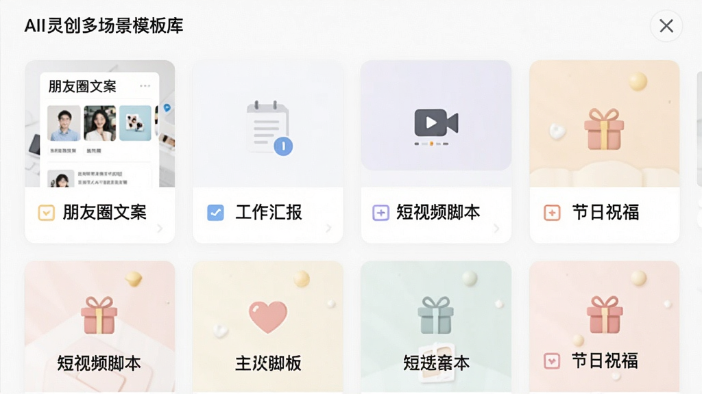 һ��AI�鴴�ೡ��ģ���Ľ����ͼ����������һ������״���е�ģ�忨Ƭ����Ƭ�Ϸֱ���С�����Ȧ�İ������������㱨����������Ƶ�ű�����������ף������������ÿ����Ƭ����һ��С�ɵ�ͼ�꣬������沼�����룬������£�ɫ����ͣ��԰�ɫ����Ϊ�����������������ʸɾ����޶���Ԫ�ء�