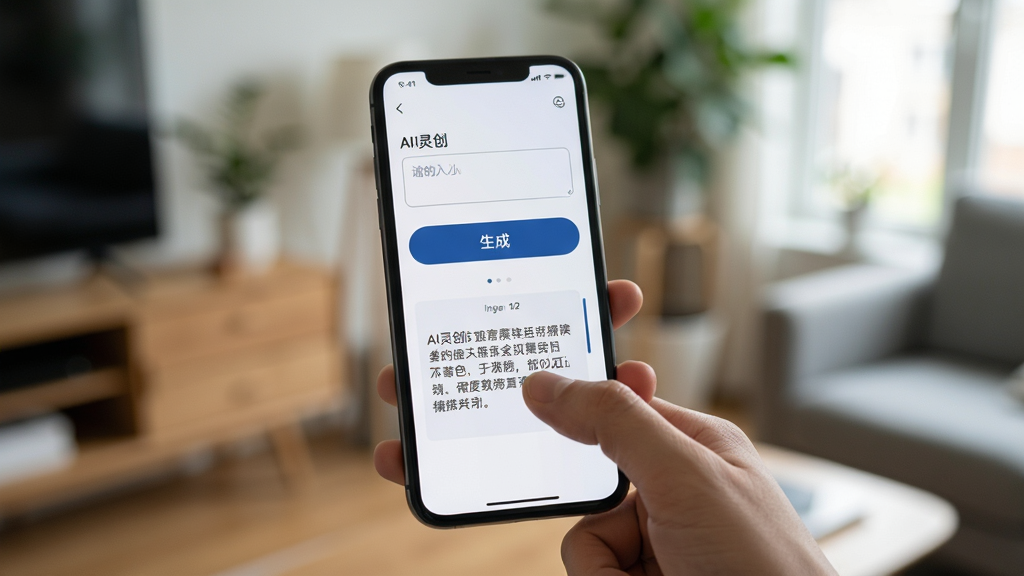 һ��չʾAI�鴴������������ͼƬ��������һֻ�������ֻ���Ĵָ��׼�������Ļ�ϵġ����ɡ���ť���ֻ���Ļ����AI�鴴�����������·��Ѿ����ɺõ�����Ԥ����������ģ�������ڻ������������ֻ����֣���������������Ȼ��ϸ����ʵ�������������޶���Ԫ�ء�