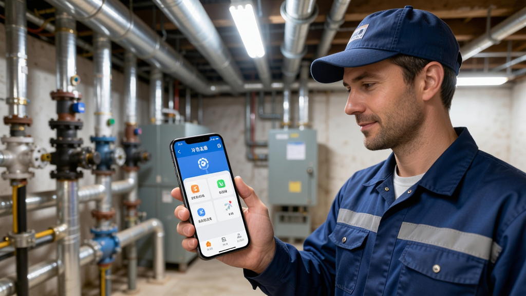 ����ͨApp������ʹ�ó���չʾ��������һλ���Ź�װ��ůͨʦ���ڵ������豸���ֳ��ֻ��鿴����ͨApp���ֻ���Ļ��ʾ���߿��õĹ��ܽ��棬�����ǹܵ����豸������������������дʵ��Ȼ�������������޶���Ԫ��