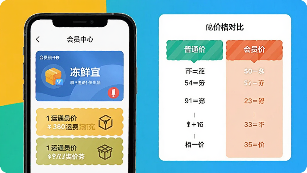 һ��չʾ�������ˡ�APP��Ա���ĵ�ͼƬ���������ֻ���Ļ��ʾ�Ż�Ա���ͼ����˷�ȯ���Ա���һ���򻯵ļ۸�Ա�ͼ���������ͨ�ۣ��ұ��ǻ�Ա�ۣ�����ƽ������ɫ���ޣ��������������ʸɾ����޶���Ԫ��