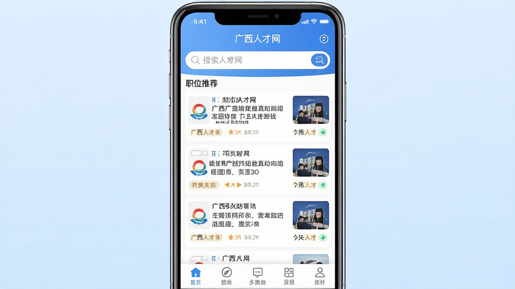 一张展示广西人才网App核心功能的手机界面截图,画面中央是一部智能手机,屏幕上显示着广西人才网的首页,顶部有搜索框,中间是职位推荐列表,底部有五个导航标签,背景是干净的浅蓝色渐变,风格简洁现代,画质清晰,文字锐利,无多余元素