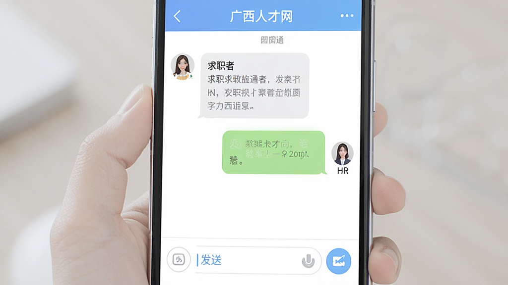 一张展示广西人才网App在线沟通界面的图片,画面中手机屏幕显示着聊天窗口,左侧是求职者发送的消息气泡,右侧是HR回复的消息气泡,底部有输入框和发送按钮,界面风格简洁,配色柔和,画质清晰无多余元素