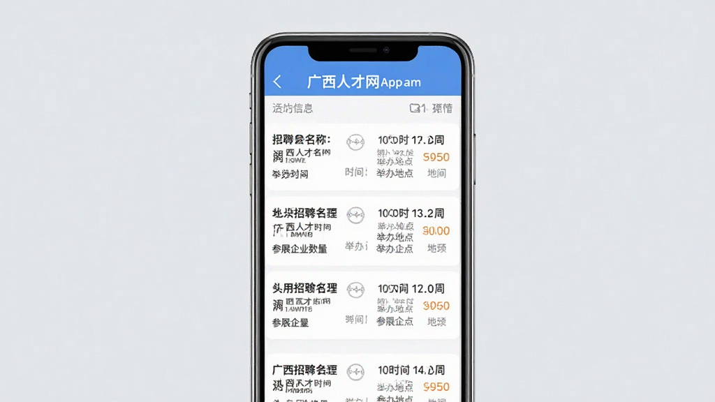 一张展示广西人才网App招聘会信息页面的图片,画面中手机屏幕显示着招聘会列表,每条包含招聘会名称、举办时间、举办地点和参展企业数量,背景是浅灰色,界面风格干净利落,文字信息层级分明,画质清晰