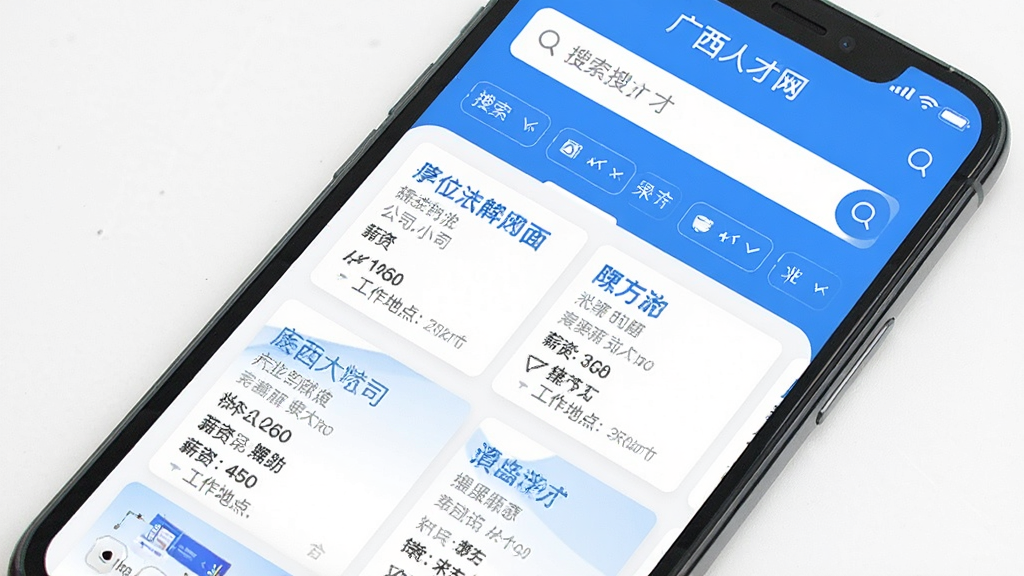 一张展示广西人才网App职位搜索界面的图片,画面中手机屏幕显示着搜索框和筛选条件,下方列出多个职位卡片,每个卡片包含职位名称、公司名称、薪资范围和工作地点,界面以蓝白色调为主,风格清爽,布局整齐,画质干净无多余元素