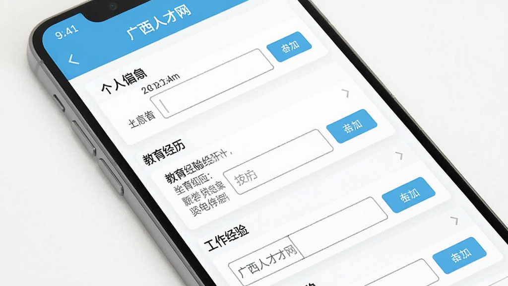 一张展示广西人才网App简历编辑界面的图片,画面中手机屏幕显示着简历填写页面,包含个人信息、教育经历、工作经验等模块,每个模块有对应的输入框和添加按钮,界面以白色和浅蓝色为主,风格简洁清晰,画质干净无多余元素