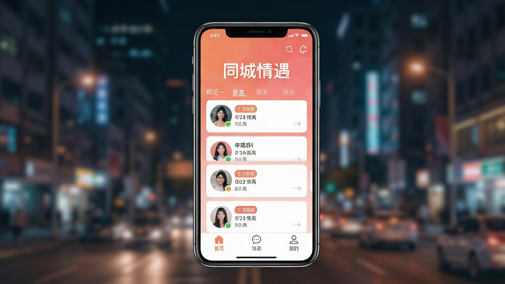 同城情遇软件核心全貌展示图,画面中央是一部智能手机,手机屏幕上显示着同城情遇APP的主界面,界面以温暖的橙粉色为主色调,顶部有“同城情遇”四个大字,下方是附近用户头像卡片流,卡片上有距离标签,底部导航栏有“首页”“消息”“我的”三个图标,背景是虚化的城市夜景,风格现代清新,细节丰富,画质干净,无多余元素