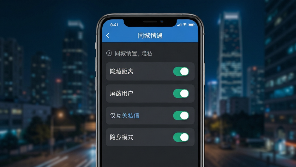 同城情遇隐私保护设置功能展示图,画面中手机屏幕显示同城情遇APP的隐私设置页面,页面上有“隐藏距离”“屏蔽用户”“仅互关私信”“隐身模式”等开关选项,开关处于开启状态,界面以深灰色和蓝色为主色调,背景是模糊的城市夜景,风格简洁科技感,细节清晰,画质干净,无多余元素