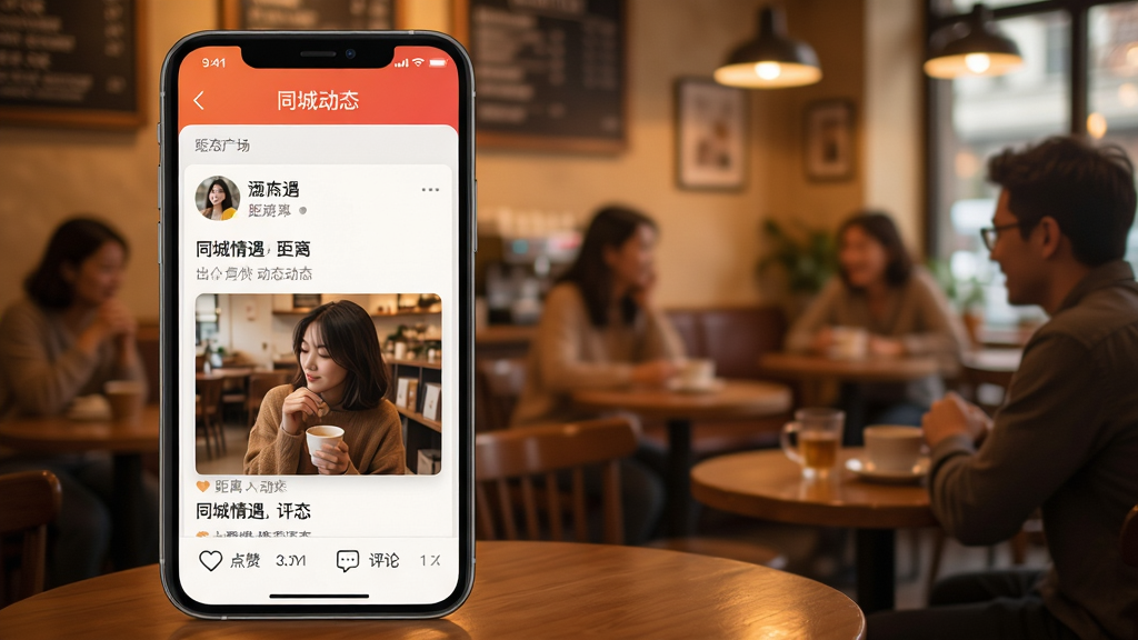 同城情遇动态广场功能展示图,画面中手机屏幕显示同城情遇APP的动态广场页面,顶部有“同城动态”标签,下方是用户发布的图文卡片流,卡片上有用户头像、昵称、距离、动态文字和配图,底部有点赞和评论图标,背景是暖色调的咖啡馆场景,风格温馨社交感,细节丰富,画质干净,无多余元素