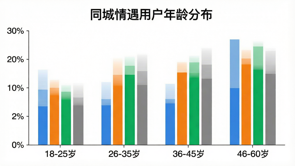 同城情遇用户年龄分布柱状图,画面中一个清晰的柱状图,横轴为年龄段“18-25岁”“26-35岁”“36-45岁”“46-60岁”,纵轴为百分比,柱体颜色分别为蓝色、橙色、绿色、灰色,柱状图上方有“同城情遇用户年龄分布”标题,背景是白色简洁风格,细节清晰,画质干净,无多余元素
