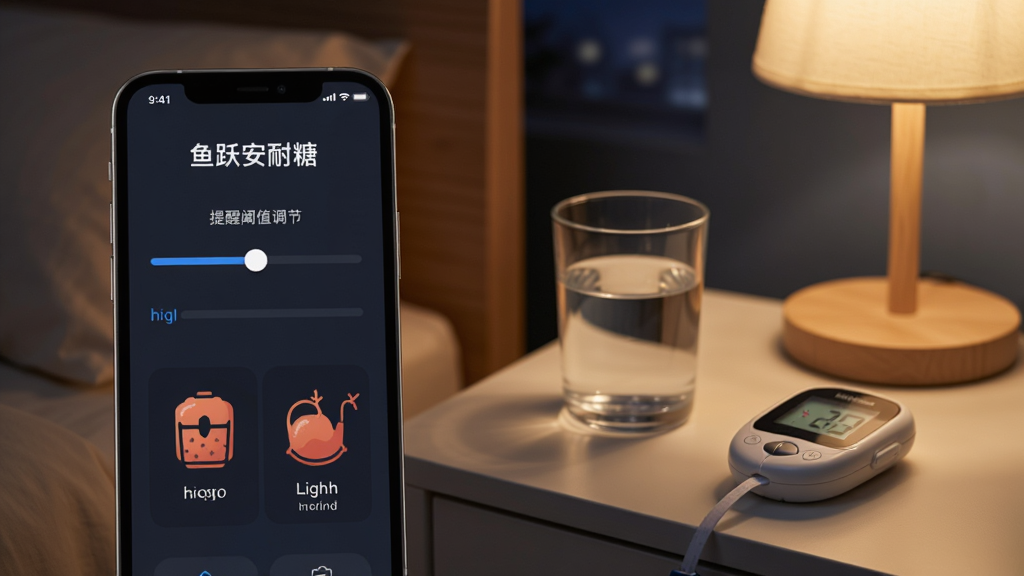 鱼跃安耐糖高低血糖提醒设置界面,手机屏幕显示提醒阈值调节滑块和高低血糖预警图标,背景是夜晚卧室床头柜,旁边放着水杯和血糖仪,风格安静温馨,画质干净无多余元素