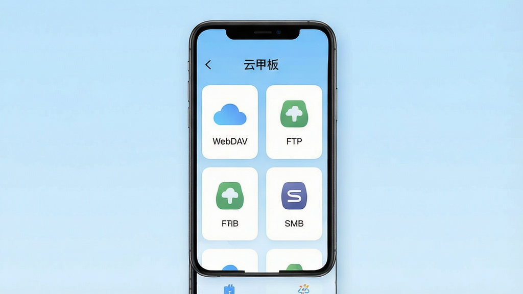 һ��չʾ���Ƽװ塱App�������ͼƬ�������������ֻ���Ļ����Ļ����ʾ���Ŀ�Ƭʽ���֣���Ƭ�Ϸֱ��ע�š�WebDAV������FTP������SMB����Э��ͼ�꣬����Ϊ�ɾ���ǳ��ɫ���䣬����ִ���ƽ��ϸ��Բ�󣬻��������ɾ����޶���Ԫ�ء�