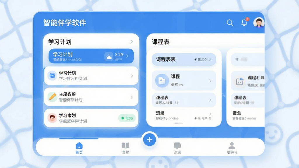 智能伴学软件主界面全貌展示,包含学习计划列表、课程表卡片和底部导航栏,蓝白清新配色,界面干净整洁,文字显示清晰,扁平化设计风格,细节圆润,画质干净无多余元素