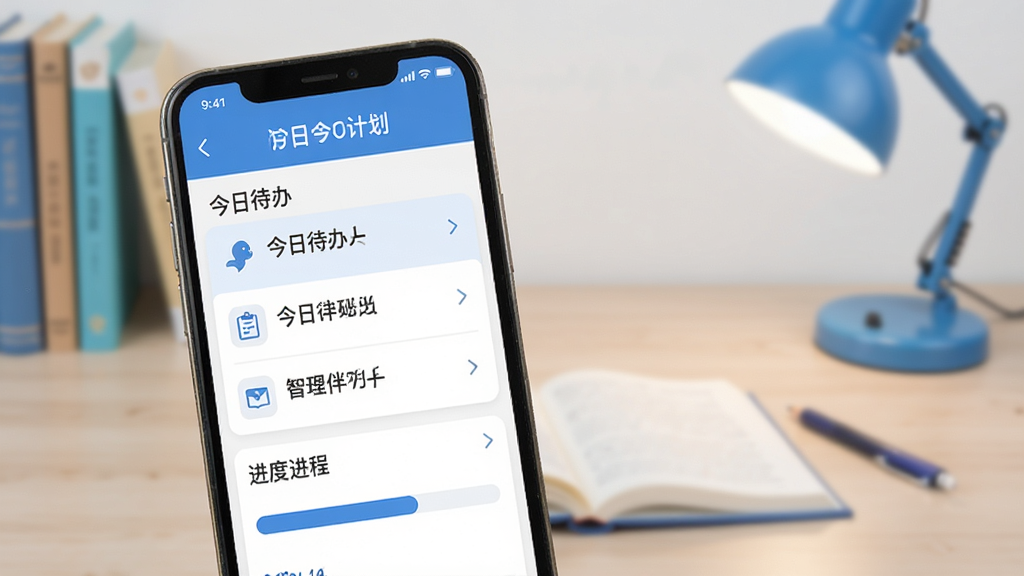 智能伴学学习计划界面,手机屏幕显示今日待办列表和进度条,背景为书桌场景,蓝白配色,简洁排版,扁平化风格,画质清晰干净