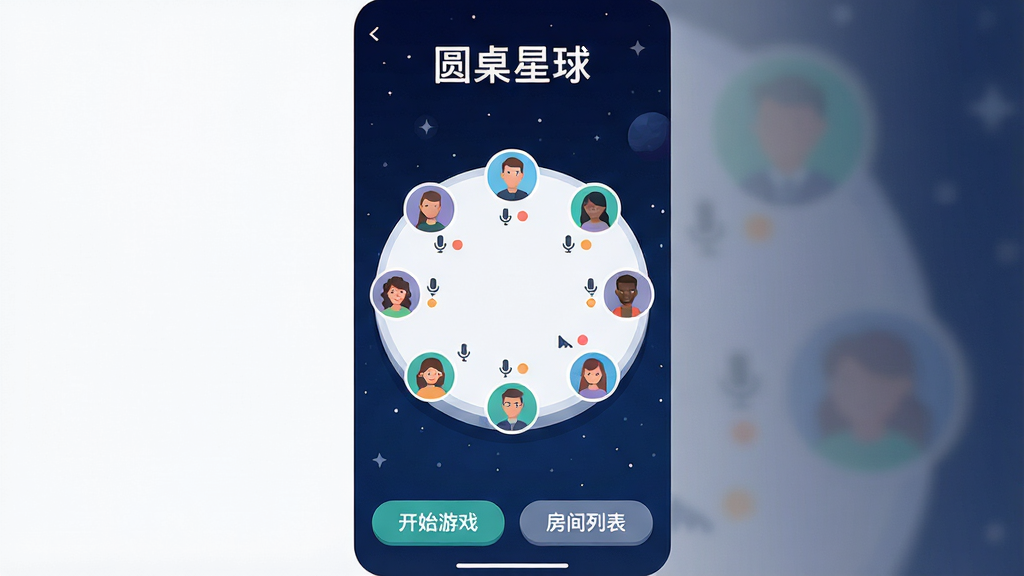 һ��չʾ��Բ������App���Ľ�����ֻ���ͼ������������Բ����״�����ͷ�񲼾֣�ÿ��ͷ���Ա�����˷�ͷ���״̬ͼ�꣬����������ɫ�ǿշ�񣬶����С�Բ�������ĸ��ֵ�Logo���ײ��ǿ�ʼ��Ϸ�ͷ����б���ť�����岼������������ִ���ƽ��ϸ��Բ�󣬻��ʸɾ��޶���Ԫ��