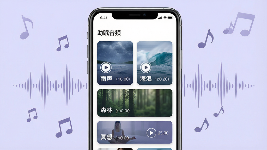 一张展示“乙十睡眠”助眠音频功能的图片,画面主体是一个手机屏幕,屏幕中显示助眠音频列表页面,顶部有“助眠音频”标题,下方排列着“雨声”、“海浪”、“森林”、“冥想”等音频卡片,每个卡片上有一个播放按钮和时长标签,手机周围漂浮着音符和声波纹理,背景是柔和的浅紫色,整体风格清新舒适,画质干净,无多余元素