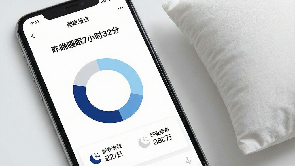 一张展示“乙十睡眠”智能睡眠监测功能的图片,画面主体是一个手机屏幕特写,屏幕中显示睡眠报告页面,顶部有“昨晚睡眠7小时32分”字样,中间是一个环形图表,用深蓝、浅蓝、浅灰三种颜色区分深睡、浅睡和清醒时长,下方有翻身次数和呼吸频率的小图标和数字,手机旁边放着一个枕头,整体风格干净简约,画质清晰,无多余元素