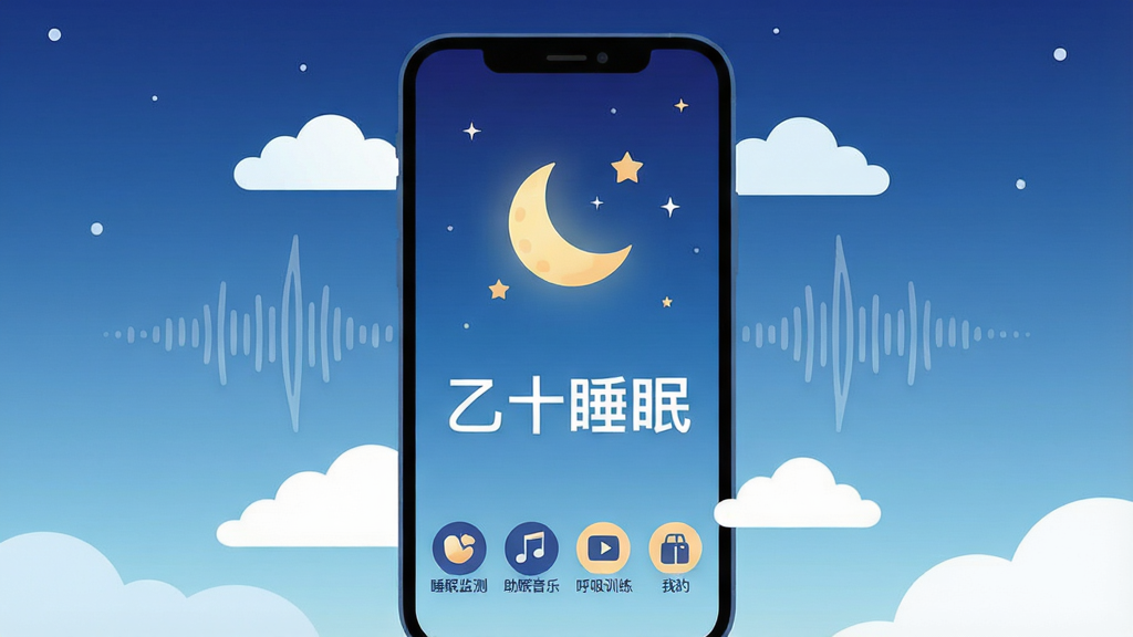 一张展示“乙十睡眠”软件核心全貌的图片,画面主体是一个竖屏手机界面,屏幕中显示深蓝到浅蓝渐变的夜空背景,中间有一轮弯月和几颗星星,下方有“乙十睡眠”四个白色大字,界面底部排列着睡眠监测、助眠音乐、呼吸训练、我的四个图标按钮,手机周围漂浮着云朵和轻柔的声波纹理,整体风格温馨治愈,扁平化设计,画质干净清晰,无多余元素