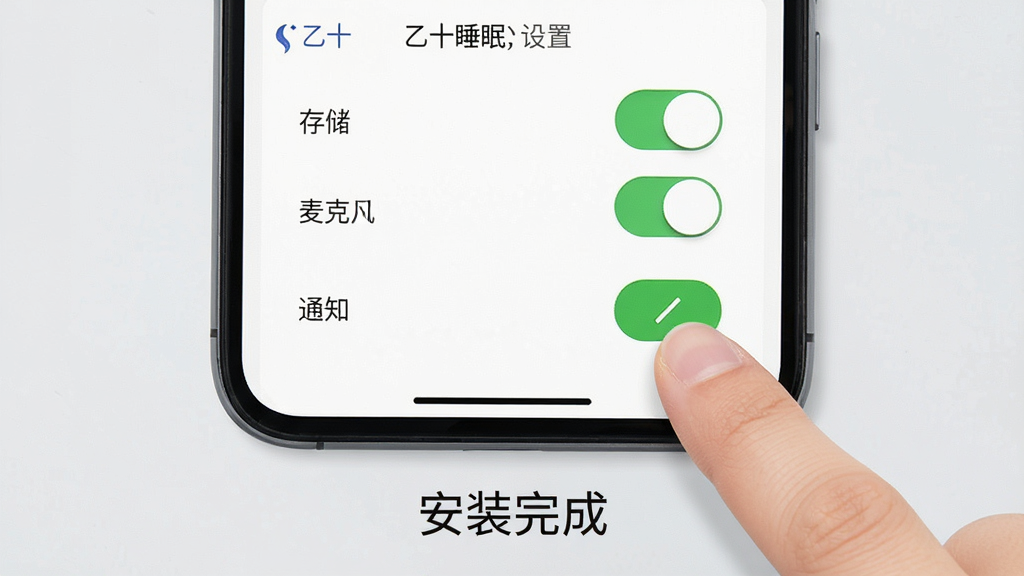 一张展示“乙十睡眠”手机端安装设置步骤的图片,画面主体是一个手机屏幕,屏幕中显示权限设置页面,有存储、麦克风、通知三个权限开关,旁边有一个手指正在点击允许按钮,手机下方有“安装完成”的提示文字,背景是浅灰色,整体风格简洁明了,画质清晰,无多余元素