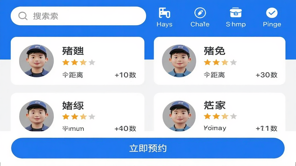 U������APP�ķ���ԤԼ�����ͼ������չʾ����ʦ���б���ÿ��ʦ����Ƭ����ͷ�����������֡�����ͽӵ�����ҳ�涥�����������ͷ���ͼ�꣬�ײ��С�����ԤԼ����ť�����岼������������Լ��������ɫ�����ʸɾ��޶���Ԫ��