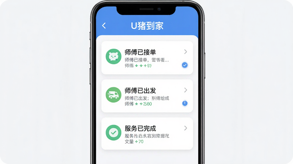 U������APP����Ϣ֪ͨ���棬����չʾ����״̬�仯�������б���������ʦ���ѽӵ�����ʦ���ѳ���������������ɡ���֪ͨ��Ƭ�������С�U�����ҡ�����������ɾ����࣬����ִ������������޶���Ԫ��
