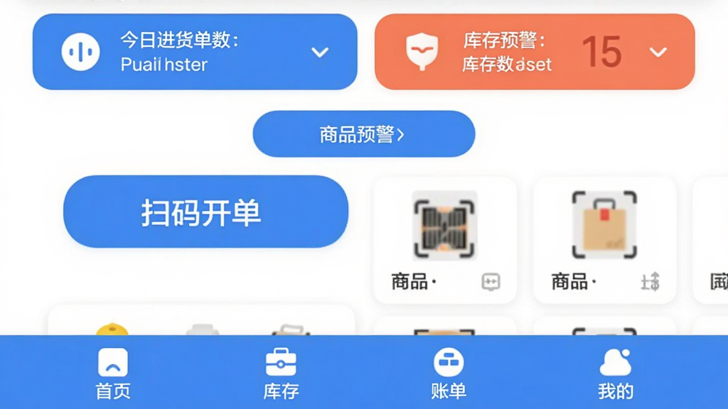 �°���������������չʾ��������ʾ���ս��������Ϳ��Ԥ���������м���ɨ�뿪����ť����Ʒ�б���Ƭ���ײ�Ϊ��ҳ����桢�˵����ҵ��ĸ�ѡ���������ɫ����ƽ����ƣ�ͼ��Բ����������������ɾ������޶���Ԫ��