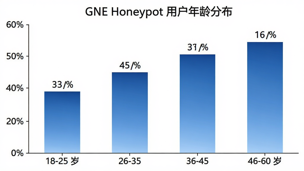 һ��չʾ GNE Honeypot �û�����ֲ�����״ͼ������������η�Ϊ 18-25 �ꡢ26-35 �ꡢ36-45 �ꡢ46-60 �꣬�������û�ռ�Ȱٷֱȣ���״ͼ��ɫΪ��ɫ���䣬ÿ�������Ϸ���ע����ٷֱ����֣�����Ϊ��ɫ��ͼ������Ϊ��GNE Honeypot �û�����ֲ����������רҵ�������������޶���Ԫ��