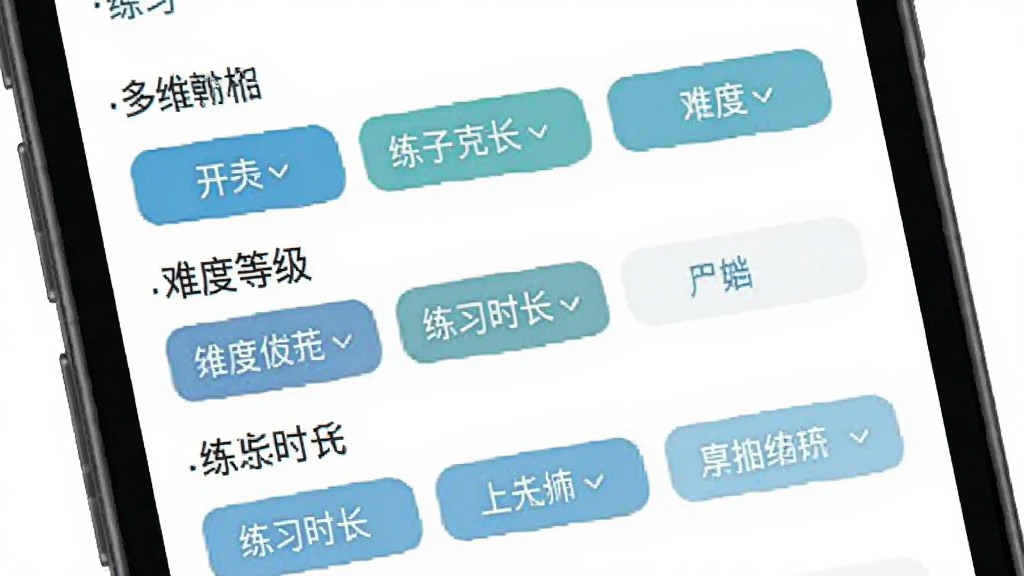 һˮ�٤Appɸѡ���ܽ��棬�ֻ���Ļ����ʾ��άɸѡ��壬������ϰĿ�ꡢ�Ѷȵȼ�����ϰʱ������ɸѡά�ȣ�ÿ��ά�����ж����ѡ���ǩ������Ϊ���ף�����ƽ����ƣ����ʸɾ��������������޶���Ԫ��