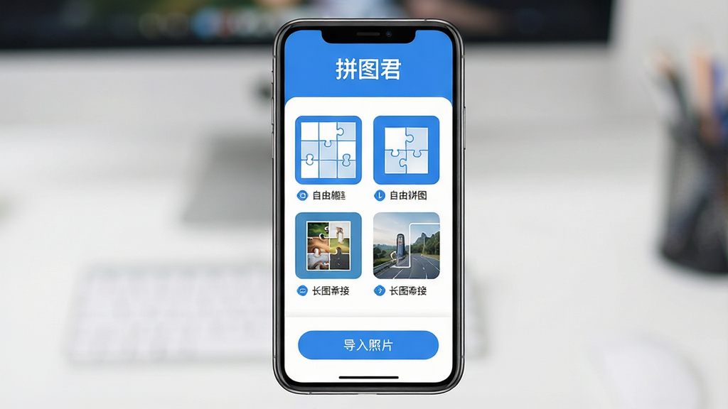 һ��չʾ�ֻ���Ļ��ͼƬ����Ļ�����ǡ�ƴͼ����APP�������棬���沼�ּ�࣬�����С�ƴͼ�������ֱ�ʶ���м���ʾ���ƴͼģ������ͼ����������ƴͼ������ƴͼ����ͼƴ�ӵ�ѡ��ײ��ǵ�����Ƭ��ť�������������ִ���������ɫ�������������ɾ��޶���Ԫ��