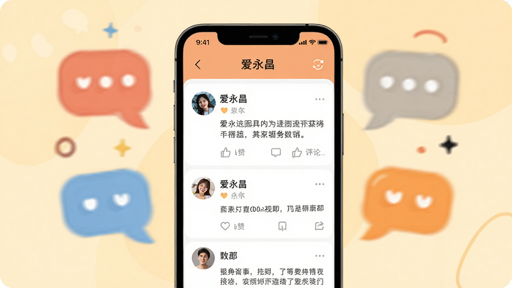 һ��չʾ������App��������ҳ��ĳ���ͼ��������һ���ֻ���Ļ��ʾ���������������б������û�ͷ���������ݺ͵�������ͼ�꣬�ֻ���Χ�г���ĶԻ�����װ�Σ��������Ѻã�ɫ����ů�������������޶���Ԫ��