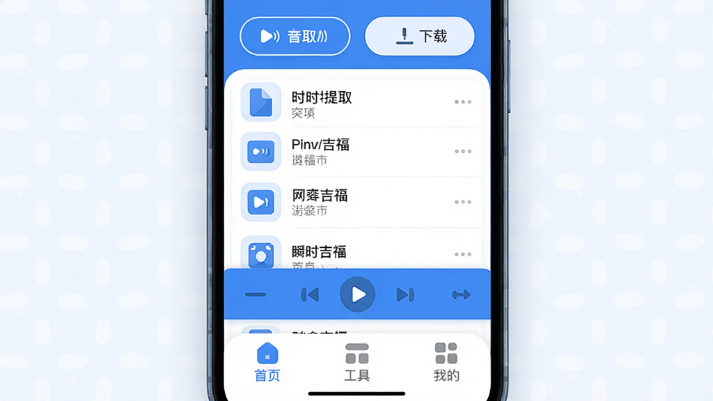 瞬时吉福 手机应用主界面 简洁蓝白配色 顶部显示音频提取和下载按钮 中间是文件列表和播放控制条 底部为首页 工具 我的三个选项卡 图标圆润 布局清晰 现代扁平风格 画质干净 无多余元素